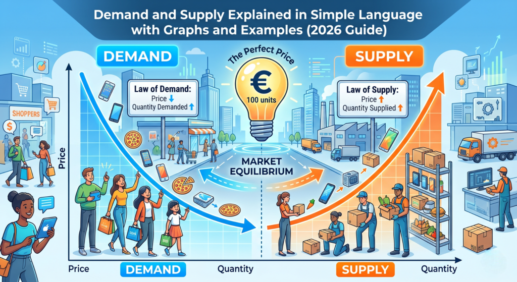 Illustrative guide to Demand and Supply explained with a 2026 market equilibrium graph, showing price and quantity relationships with shoppers and logistics icons.