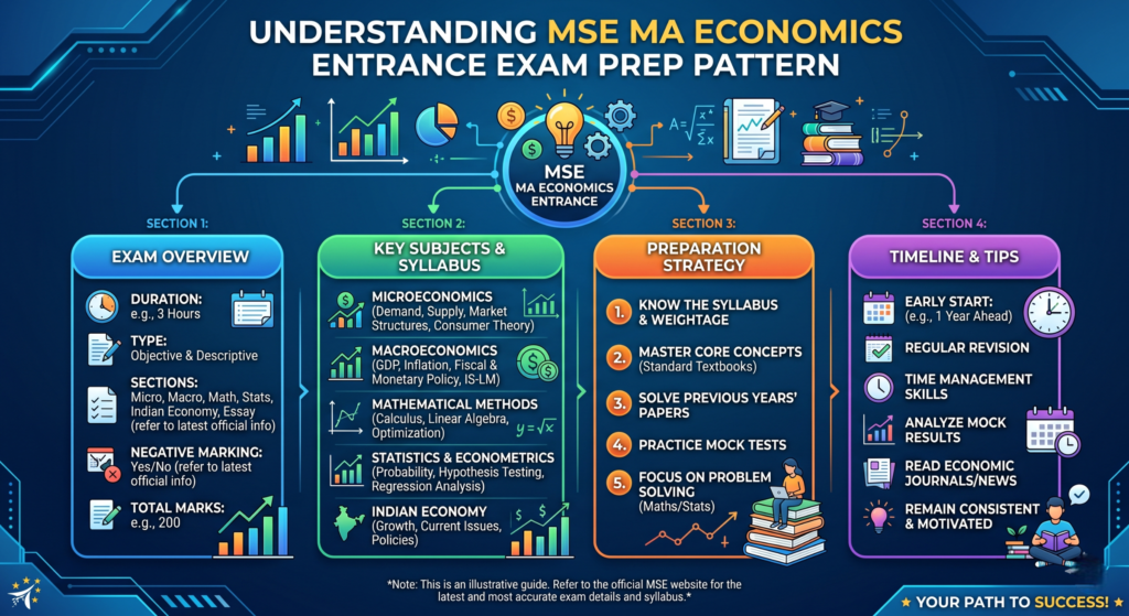 Infographic guiding students on 'Understanding MSE MA Economics Entrance Exam Prep Pattern', covering exam overview, key subjects & syllabus, preparation strategy, and timeline & tips by PMG Classes.
