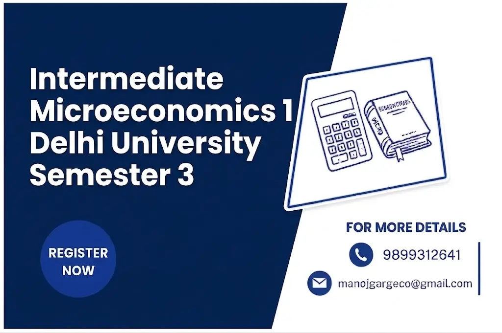 Intermediate Microeconomics 1 Delhi University Semester 3 course banner by PMG Classes featuring contact details and a quantitative economics illustration.